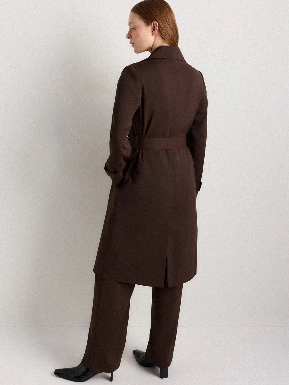 Quince Stretch Crepe Trench Coat XS Coffee Bean Brown Quiet Luxury NWOT - Picture 2 of 7